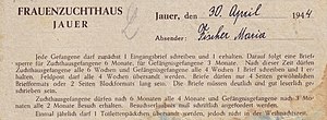 Briefkopf eines Briefes von Maria Fischer aus dem Frauenzuchthaus Jauer, geschrieben auf einem Vordruck des Zuchthaus-Briefpapiers, 30. April 1944