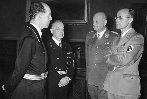 A meeting of the four Nazis who imposed Nazi ideology on the legal system of Germany. From left to right: Roland Freisler, Franz Schlegelberger, Otto 