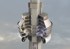 Tornets korg med utsiktsplattformar i genomskärning. Tornet består av