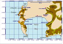 Map showing the Cape Peninsula, illustrating the positions of the Cape Town City Centre, Table Mountain, the main mountains and peaks that make up the Peninsula, and the Cape of Good Hope. Cape Peninsula.jpg