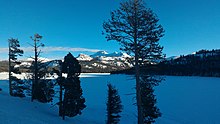 A view of a frozen Caples Lake, taken from California State Route 88 Caples Lake Jan 2017.jpg