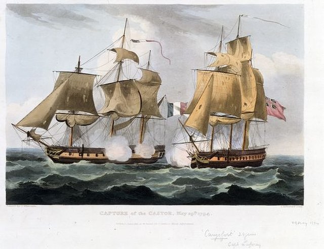 Print by Thomas Whitcombe depicting HMS Carysfort retaking Castor from the French on 29 May 1794