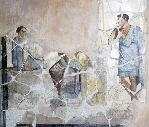 A fresco in Pompeii depicting Achilles seated between Briseis and Patroclus in the marquee
