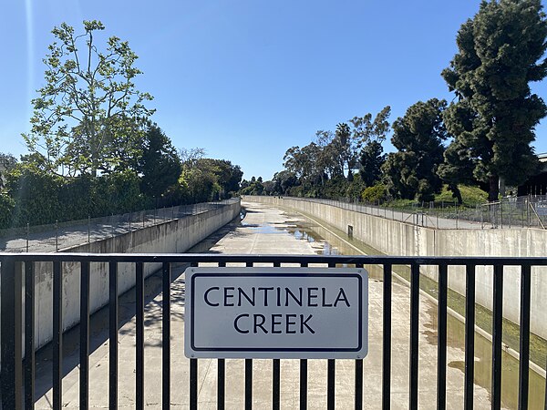 Centinela Creek, photographed from Mesmer Avenue Community Garden in 2024