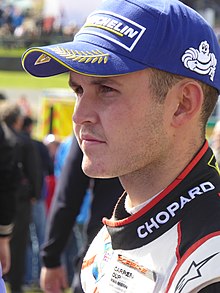 Charlie Eastwood, after finishing third in the first race at the Knockhill round. Eastwood won the championship on a tie-break with Dino Zamparelli, taking four victories to Zamparelli's three. Charlie Eastwood - 2017 PCCGB Knockhill (Sunday).jpg