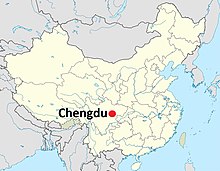 Landakort sem sýnir legu Chengdu borgar í Sesúan héraði í vesturhluta Kína.