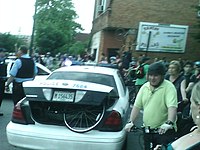 A cyclist at the June 27, 2008 Chicago Critical Mass is arrested for public drinking. Chicago june 27 2008 critical mass arrest in Bridgeport.jpg