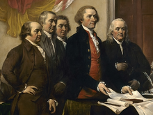 John Trumbull's 1818 painting of the Committee of Five presenting their draft of the Declaration of Independence to the Second Continental Congress in Philadelphia. From left to right: John Adams, Roger Sherman, Robert Livingston, Thomas Jefferson, Benjamin Franklin. Committee of Five, 1776.png