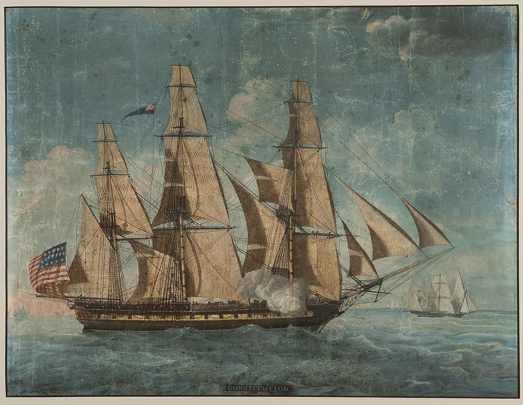 A painting depicting Constitution at sail. The bow of the ship points to the right of the frame