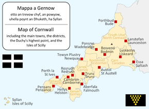 Mappa diwyethek ow tiskwedha ranndiryow ha trevow Kernow