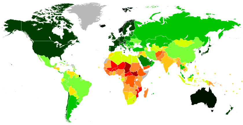 World map of countries or territories by Human Development Index scores in increments of 0.050 (based on 2021 data, published in 2022)  ≥ 0.950  0.900–0.950  0.850–0.899  0.800–0.849  0.750–0.799  0.700–0.749  0.650–0.699  0.600–0.649  0.550–0.599  0.500–0.549  0.450–0.499  0.400–0.449  ≤ 0.399  Data unavailable