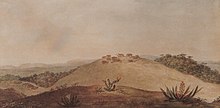 Landscape portrayed by Debret, in the back shows the old village in 1820, it is noted that the referred high hill surrounded by some forest ahead a vast region dominated by fields