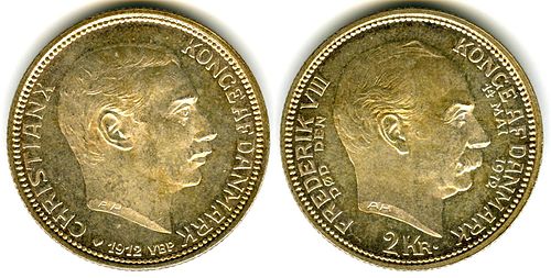 Denmark two kroner coin issued in 1912 commemorating the accession in that year of king Christian X. The king’s late father, Frederik VIII is depicted on the reverse.