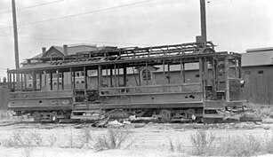 Denver Tramway car 51, burned during the strike. Denver Tramway Strike. Trolley car, number 51 burned.jpg