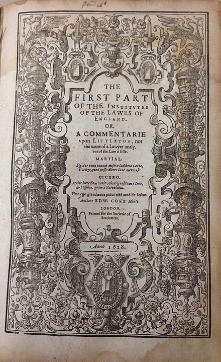 Edward Coke, The First Part of the Institutes of the Lawes of England (1st ed, 1628, title page) - 20131124