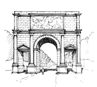 Reconstruction of the Roman triumphal arch whose foundations were found in Mainz-Kastel. It was built between 18 and 43 A.D. Ehrenbogen.png