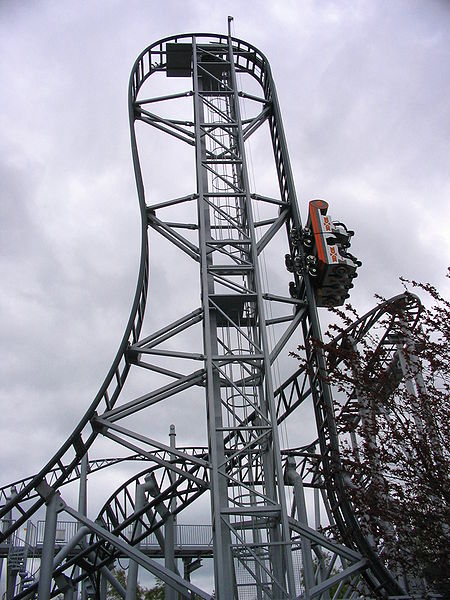 Lift and 97 degree first drop of the Gerstlauer Euro-Fighter Typhoon at Bobbejaanland.