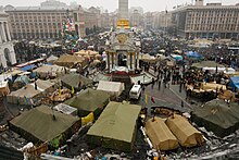 The protest camp on Independence Square in February 2014 Euromaidan 9 February 2.jpg