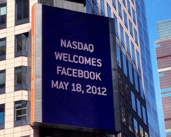 Billboard on the Thomson Reuters building welcomes Facebook to Nasdaq, 2012