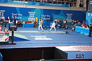 Deutsch: Fechten bei den Olympischen Jugend-Sommerspielen 2018: Tag 1, 7. Oktober 2018, Jungen, Säbel, Runde der letzten 16 - Matias Ríos (ARG) Vs Robert Vidovszky (USA) 10:15 English: Fencing at the 2018 Summer Youth Olympics – Boys' sabre Round of 16 – Matias Ríos (ARG) Vs Robert Vidovszky (USA) 10:15