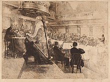 Vienna Philharmonic at the rehearsal, Felix Weingartner is conducting. Engraving by Ferdinand Schmutzer (1926) Ferdinand Schmutzer Wiener Philharmoniker.jpg