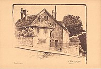 Das «Künstlergütli» mit dem ehemaligen Wohnhaus als «Wirtschaft zum Künstlergütli», Lithographie aus Malerische Winkel von Fritz Boscovits, Zürich 1905