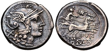 169-158 BC, Furius Purpureo (Roma/Luna in chariot, murex above).