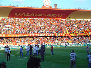 The famous Kapali stand with the GALATASARAY sign and logo