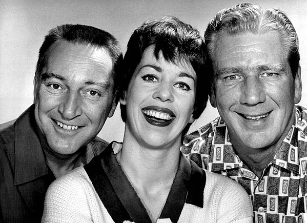 1961 cast photo from The Garry Moore Show. From left to right: Garry Moore, Burnett, and Durward Kirby.