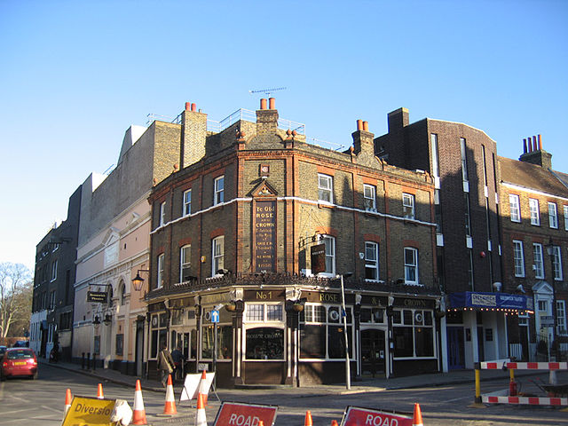 The two facades of the theatre, to either side of the Rose and Crown pub, 2007