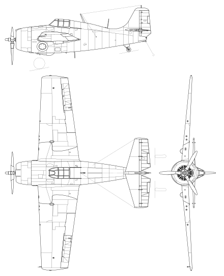 Grumman F4F Wildcat 3-view line drawing.svg