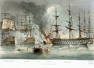 Het schip "Gangut" (rechts) in de slag bij Navarino