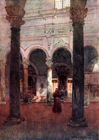 Interiør fra San Giovanni Evangelista. En af Harald Sunds illustrationer til bogen Ravenna. A Study. Billedet blev udstillet på Royal Academy of Arts i 1911.