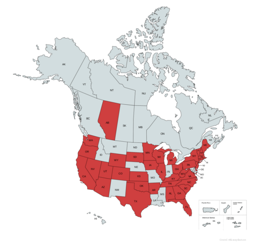 Map of the coverage of the 35 chapters of the International Fire Marshals Association IFMA chapters coverage map.png