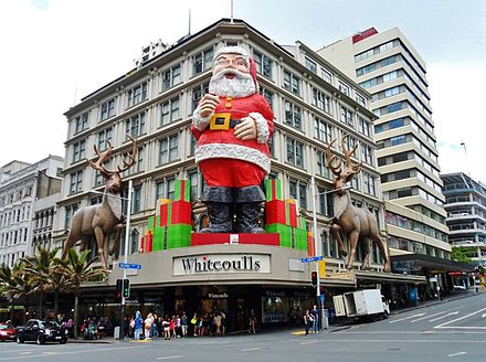 Christmas display, featuring Santa Claus and reindeer, on a shop on Queen street, Auckland, 2013