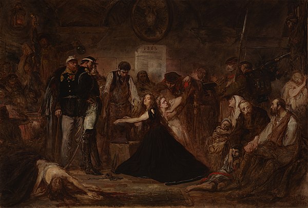 Poland - The Year 1863, by Jan Matejko, 1864, oil on canvas, 156 × 232 cm, National Museum, Kraków. Pictured is the aftermath of the failed January 18