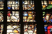 English: Detail of the stained-glass window number 17 in the Sint Janskerk at Gouda, Netherlands: "John the Baptist reproves Herod"