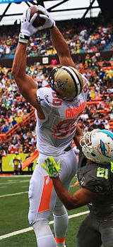 At 6'7", 265 lbs., Jimmy Graham, shown here playing for the New Orleans Saints, demonstrates the athleticism of a tight end in its role as a receiver Jimmy Graham 2014 Pro Bowl.jpg