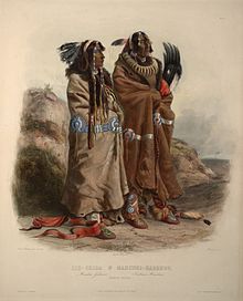 A pair of Mandan men in a print by Karl Bodmer, 19th century. Yellow Feather at left, "son of a celebrated chief". He was killed by a Sioux around a year after Bodmer painted him. Karl Bodmer Travels in America (53).jpg