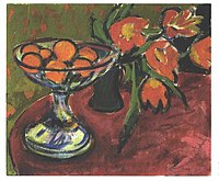 English: Still life with tulips and oranges Deutsch: Stilleben mit Tulpen und Orangen