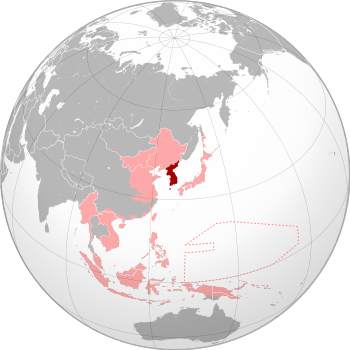 Map shows Korea (dark red) within the Empire of Japan (light red) at its furthest extent
