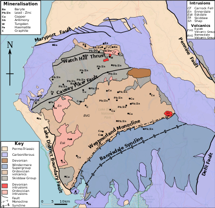 Geological map of the Lake District showing the main structures and areas of mineralisation