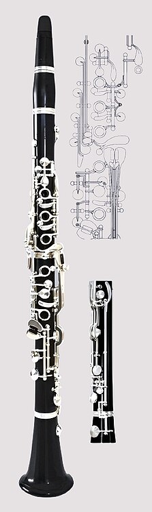 Oehler clarinet with a cover on the middle tone hole of the lower joint and a bell mechanism to improve low E and F. Developed in 1905 by Oscar Oehler.