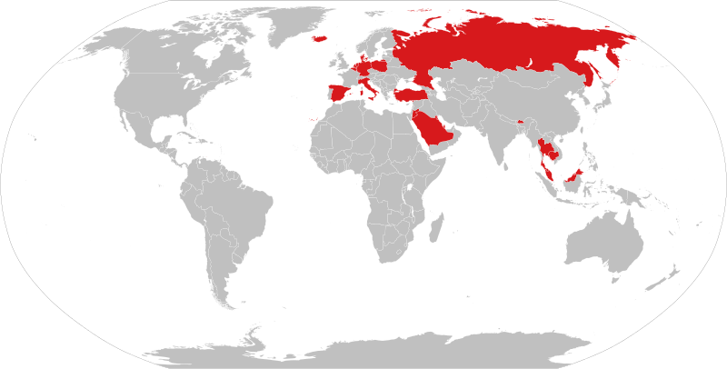 A map of nations which have Lèse-majesté laws as of September 2022