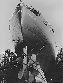 Construction of a Liberty Ship in California Shipbuilding's yard, June 1943. Liberty ship construction 12 SS Muhlenberg stern.jpg