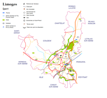 carte de Limoges avec indication de la localisation des ses principales infrastructures sportives