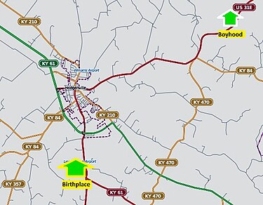 Map: Sinking Spring Farm lower left, and boyhood home (Knob Creek Farm) upper right, near Hodgenville, Kentucky. The two Park locations are almost 10 miles (16 km) apart on US Highway 31 Lincoln Kentucky Map.jpg