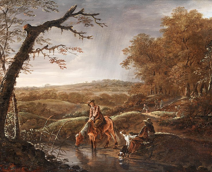 File:Ludolf de Jongh - Hunters at rest with a horse and dog near a stream.jpg