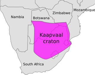 This map shows the outlines of the southern African nations of Namibia, Botswana, Zimbabwe and South Africa. Kaapvaal's outline is superimposed on the countries.