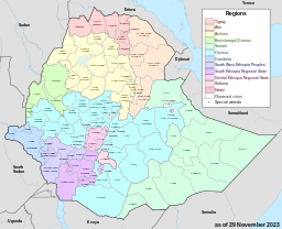 Mapo de Etiopio (novaj oficialaj regionoj)